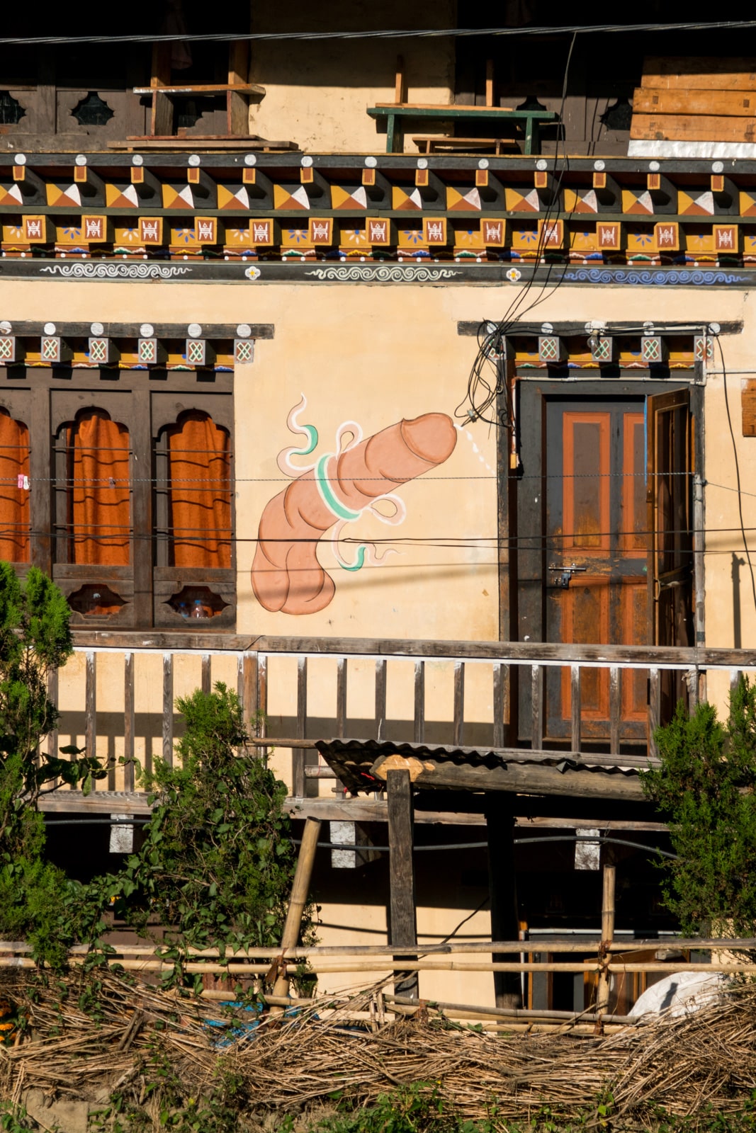A phallus painted on the side of a house in Bhutan.