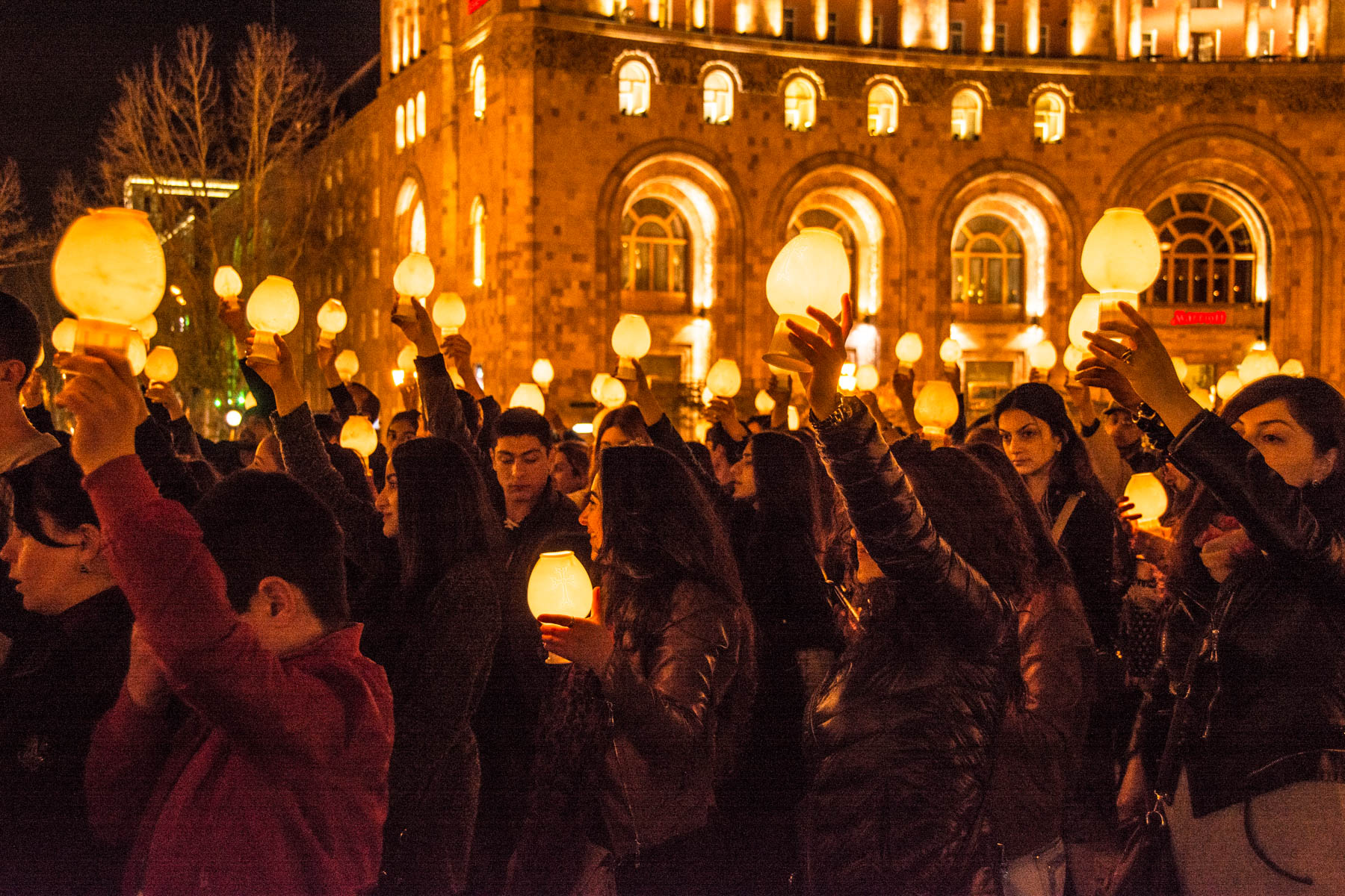 Easter in Armenia - Residents of Yerevan with candles for a ceremony in Republic Square, Yerevan to celebrate Easter in Armenia.