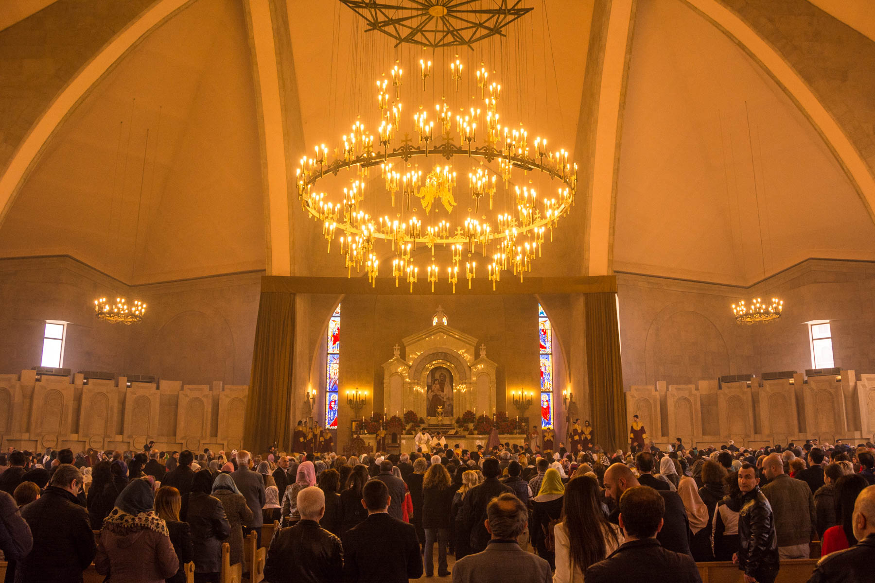 Easter in Armenia - People standing to receive communion at the Gregory the Illuminator cathedral in Yerevan to celebrate Easter in Armenia.