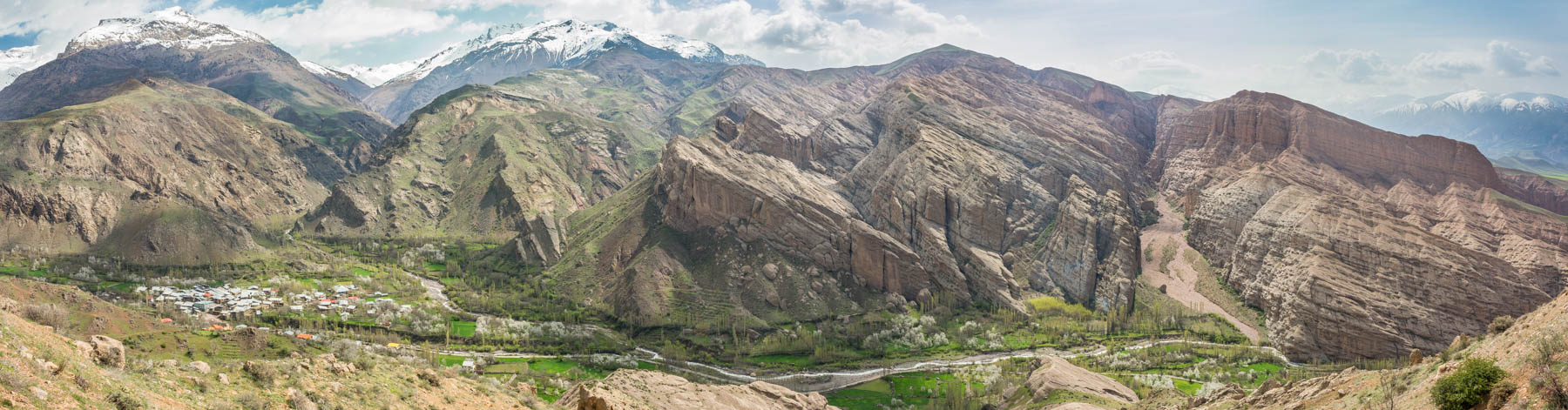 A panoramic view of the Alamut Valley in northern Iran.