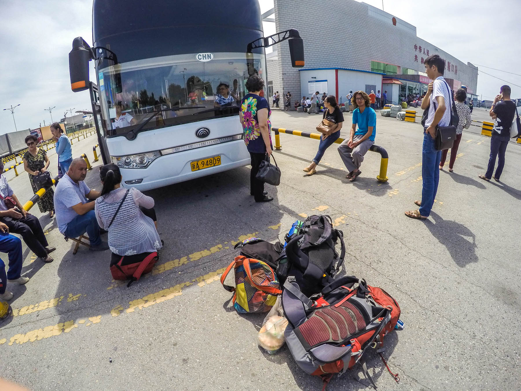 People waiting to cross the border between China and Kazakhstan