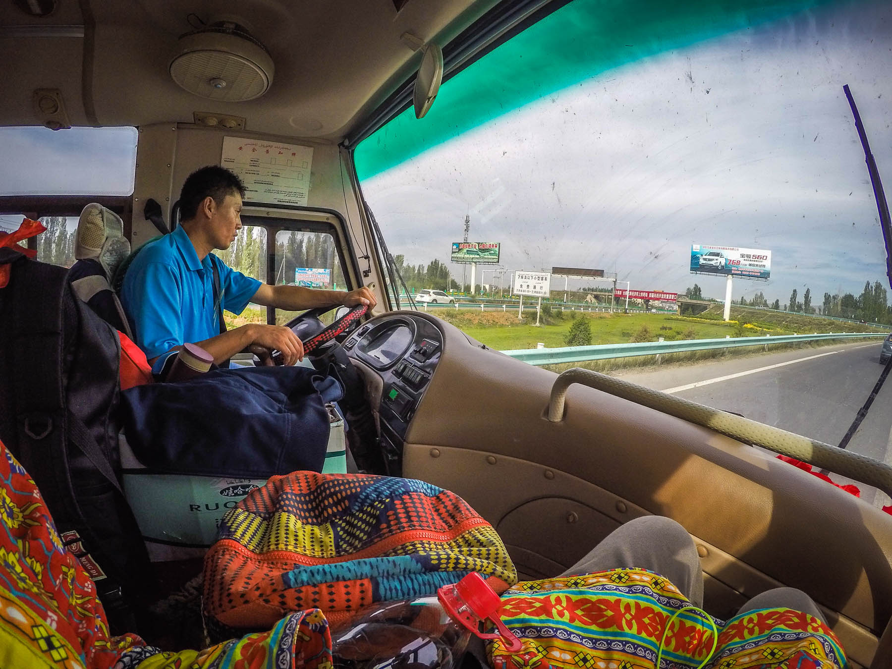 Riding the bus from Yining, China to the China - Kazakhstan border crossing at Khorgos