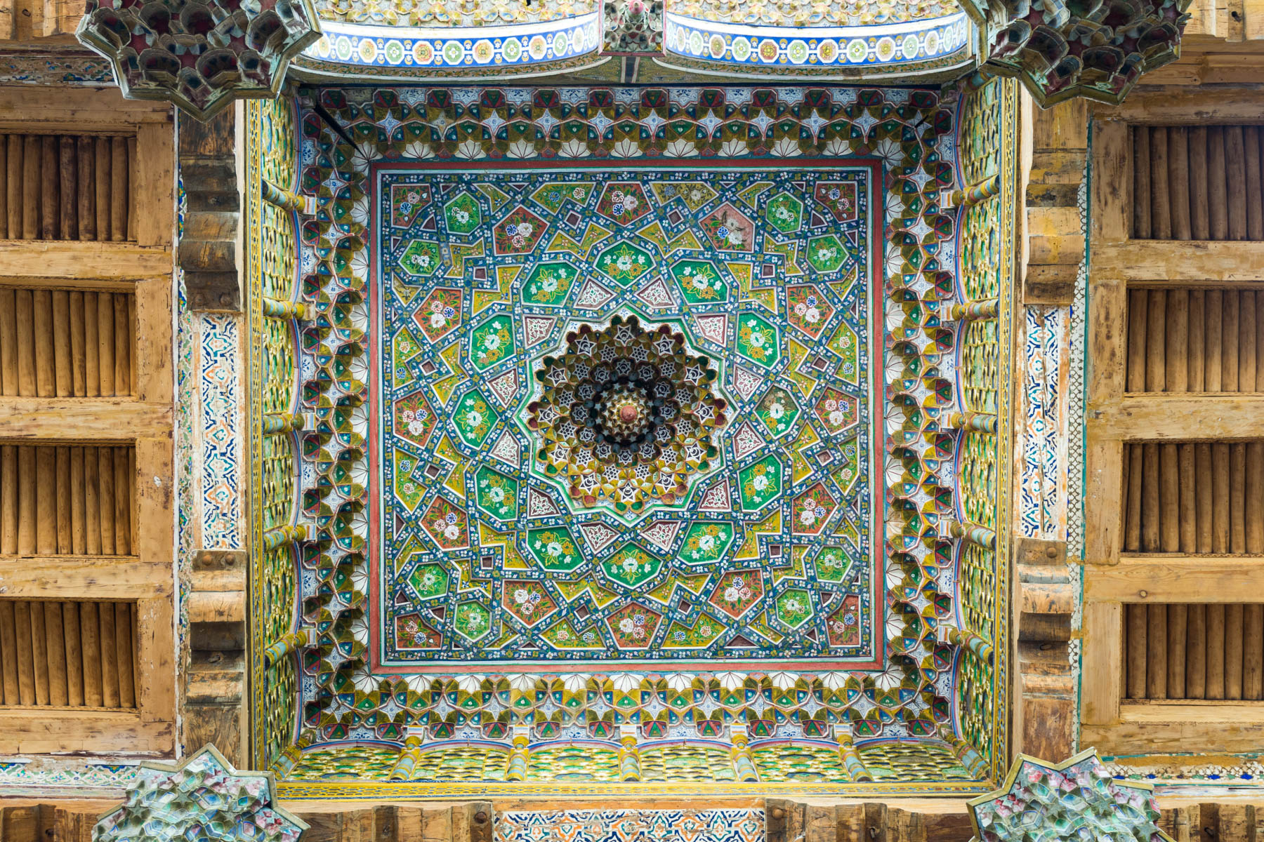 Wooden fractal ceiling of the Bolo Hauz mosque in Bukhara