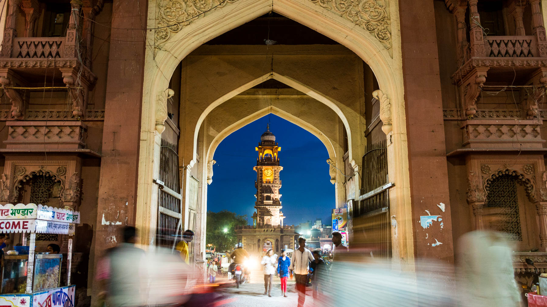 Night time in central market and Ghanta Ghar clock tower in Jodhpur