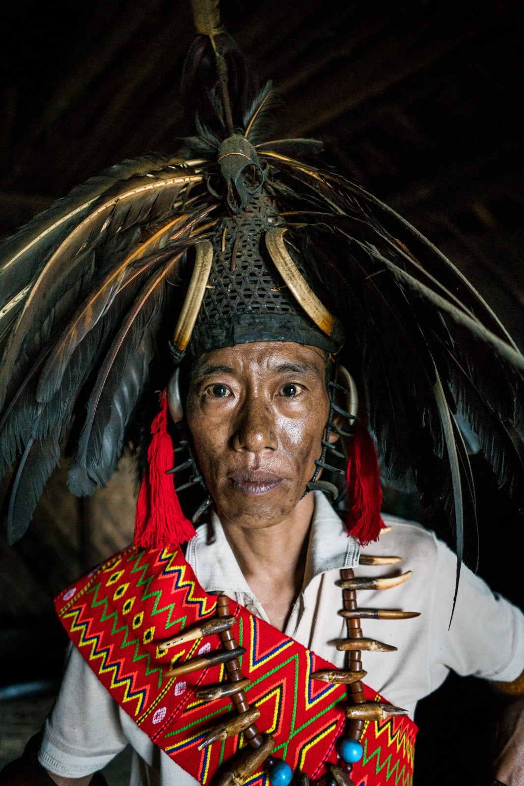 A local man from Longwa village, Nagaland, India in traditional headhunter attire.