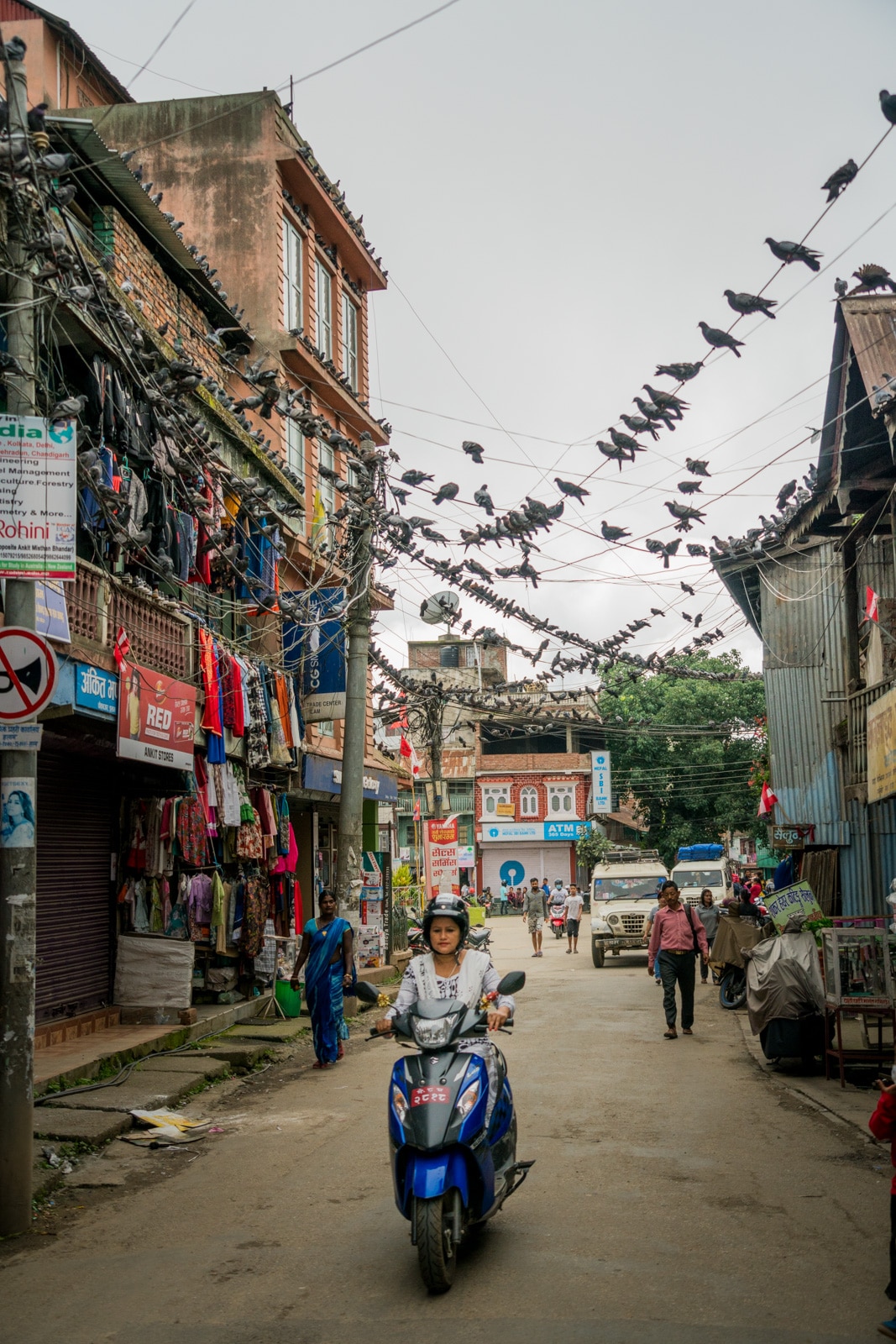 Pigeons, pedestrians, and passers by on the streets of Ilam, an off the beaten track town in East Nepal famous for its teas.