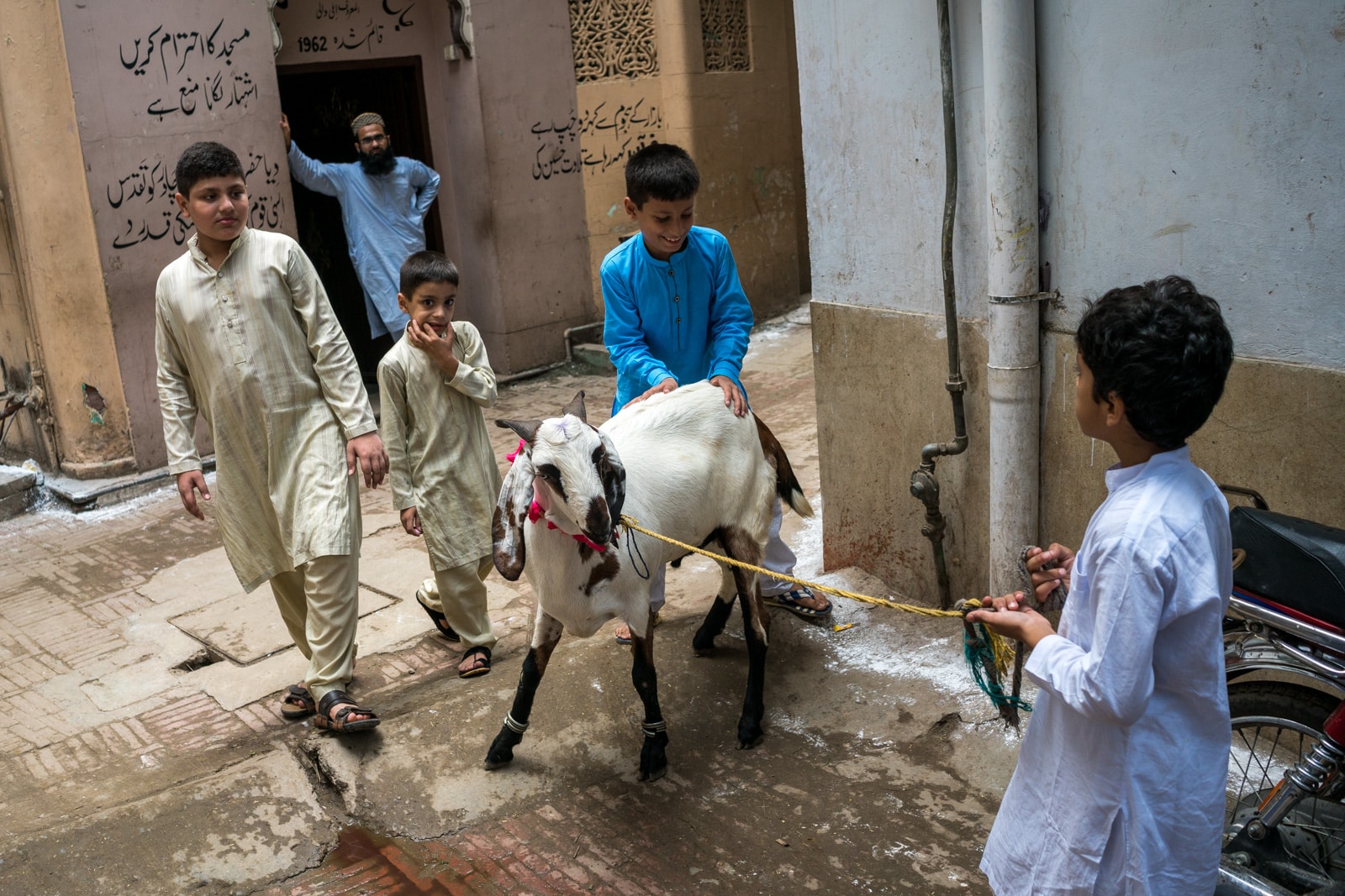 Celebrating Eid al-Adha in Lahore, Pakistan - Boys running a goat on a rope through the streets - Lost With Purpose travel blog