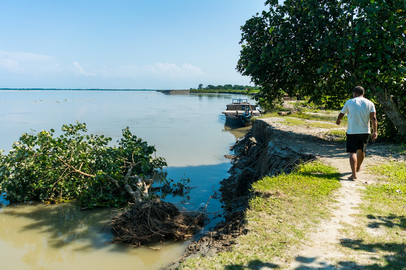 Man walking by eroding banks of Majuli river island