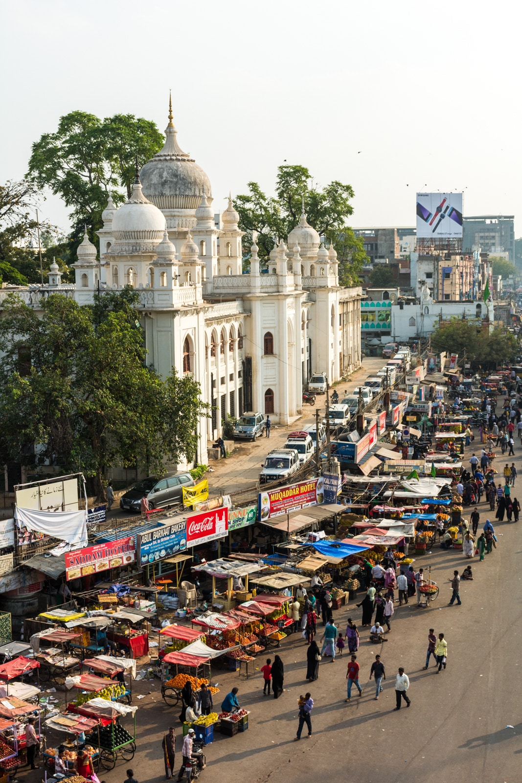 A view of the buzzing market around Hyderabad, India's old city from the top of the Charminar monument.