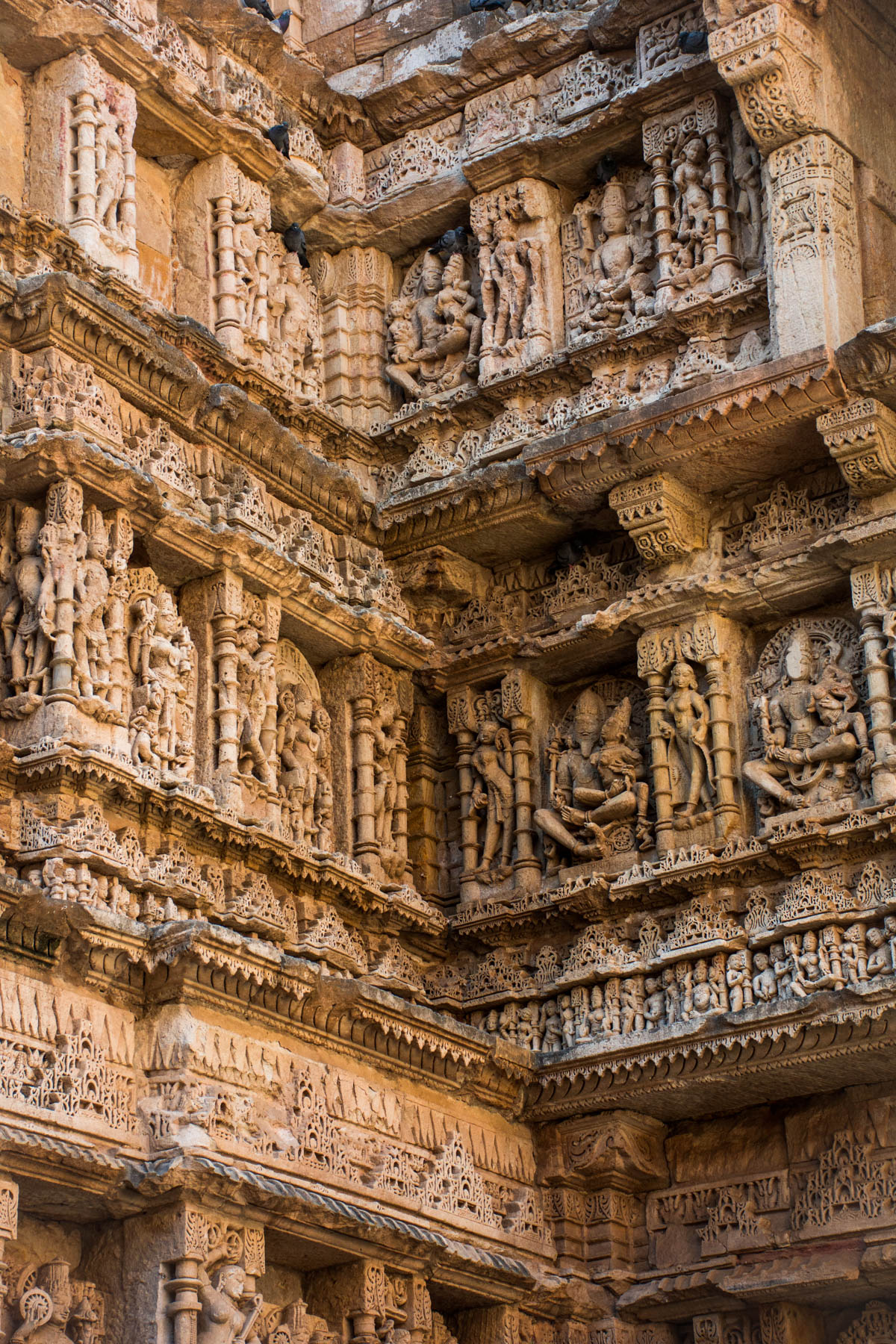 Carved details in Rani Ki Vav stepwell, one of India's most beautiful stepwells in Patan, Gujarat state.