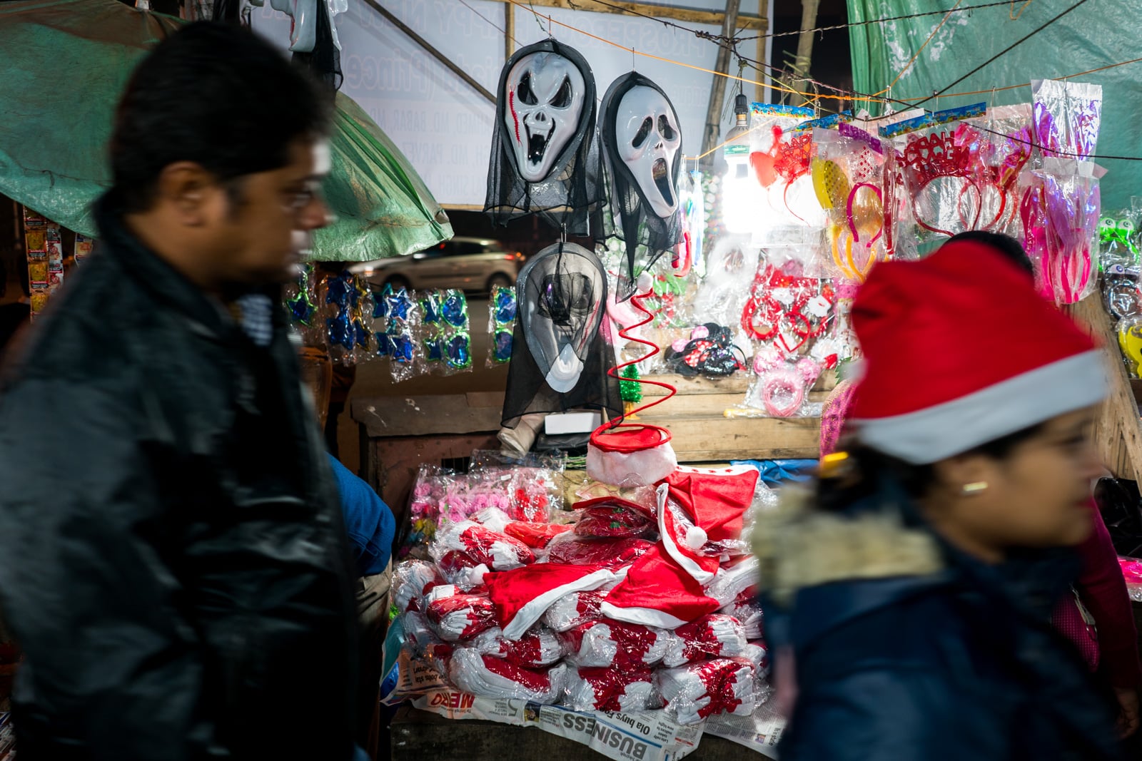 Celebrating Christmas in Kolkata, India - Scream masks on sale for Christmas - Lost With Purpose travel blog