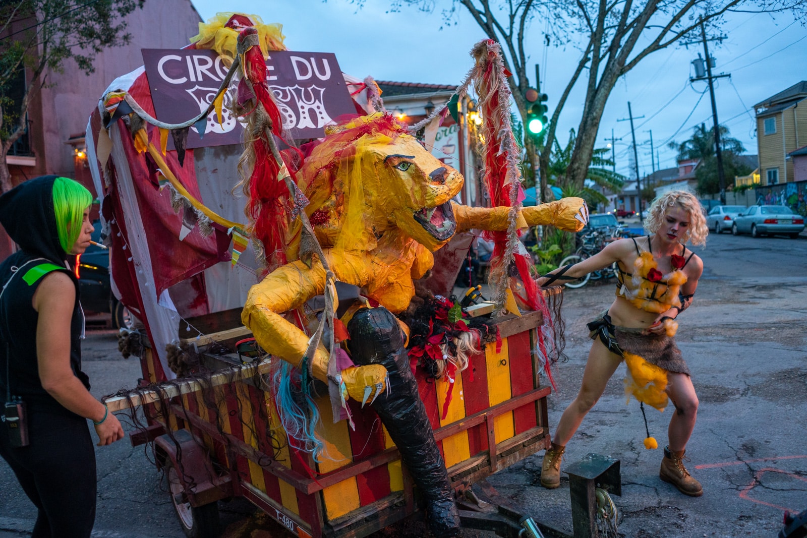 Girl pulling a parade float during Mardi Gras in New Orleans