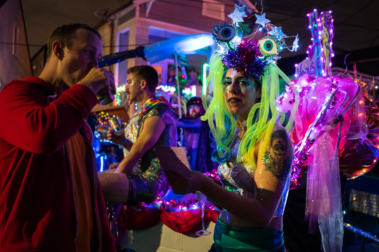 Woman in alien costume in the Krewe Boheme Mardi Gras parade in New Orleans