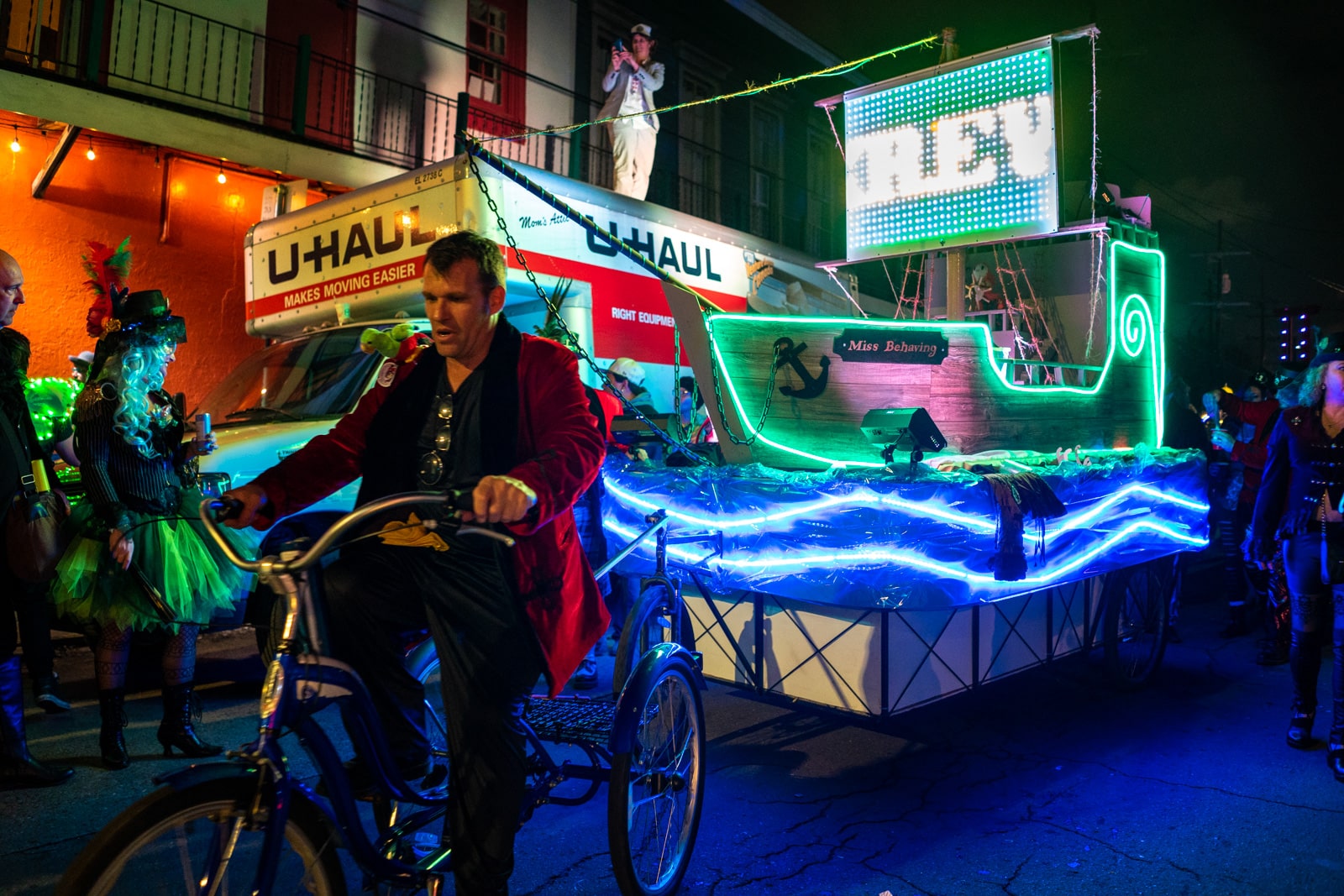 Man cycling a pirate ship Mardi Gras float