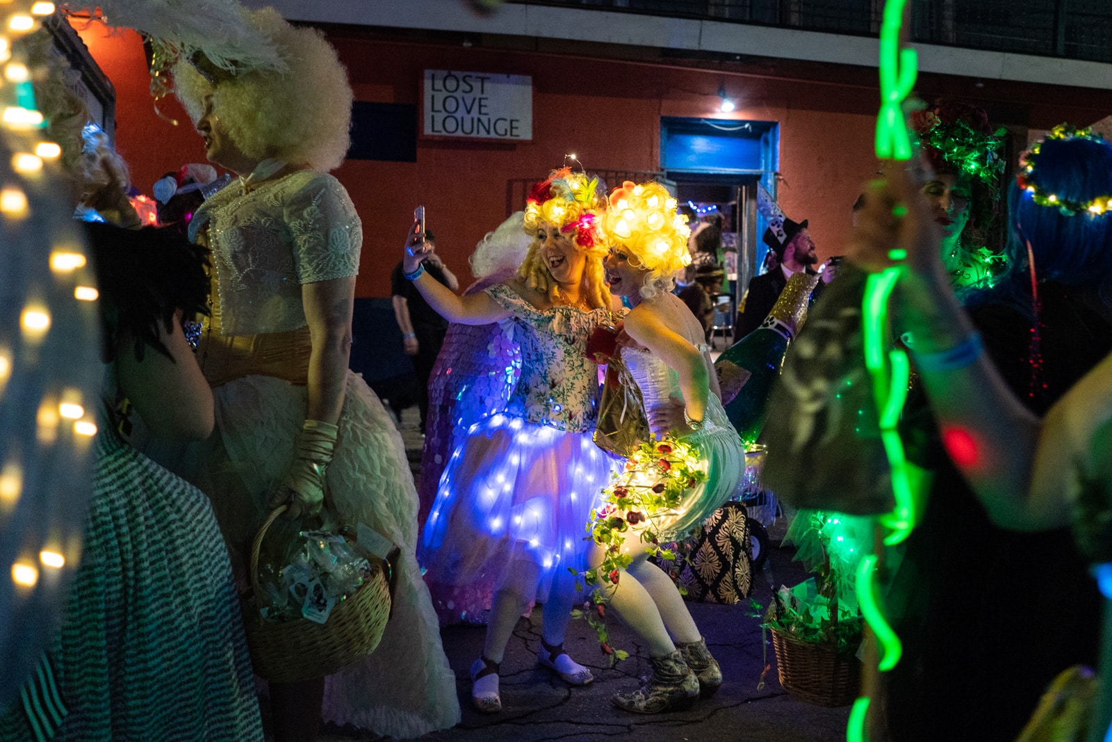 Merry Antoinettes taking a selfie at the Krewe Boheme parade in New Orleans