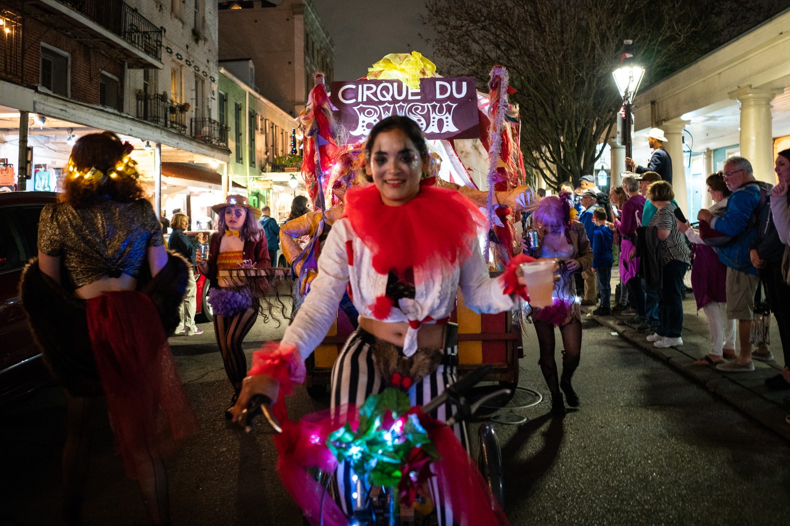 Cycling a Mardi Gras float through the French Quarter, New Orleans