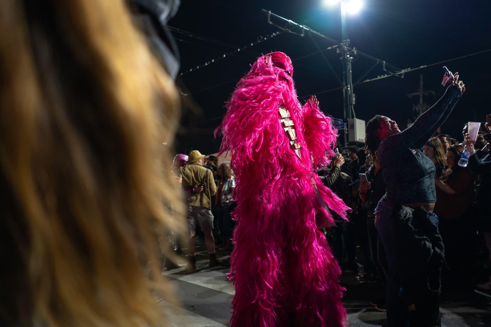 Pink Chewbacca at the Krewe of Chewbacchus parade during Mardi Gras in New Orleans