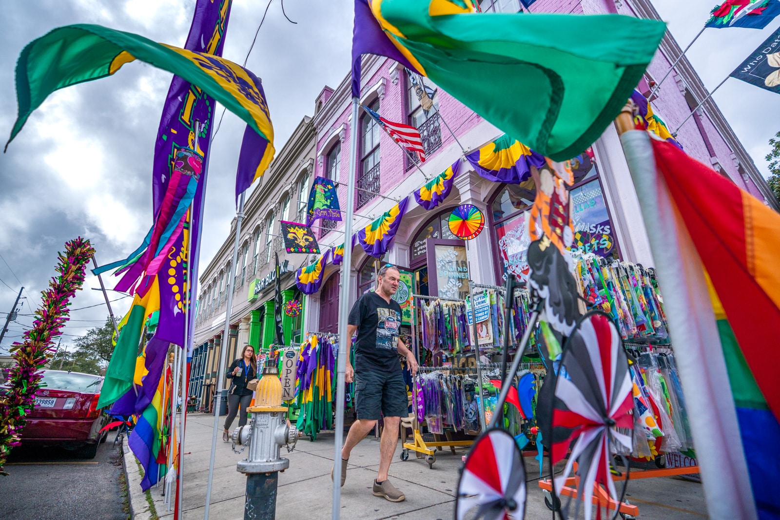 Mardi Gras flags on sale on Magazine Street in New Orleans