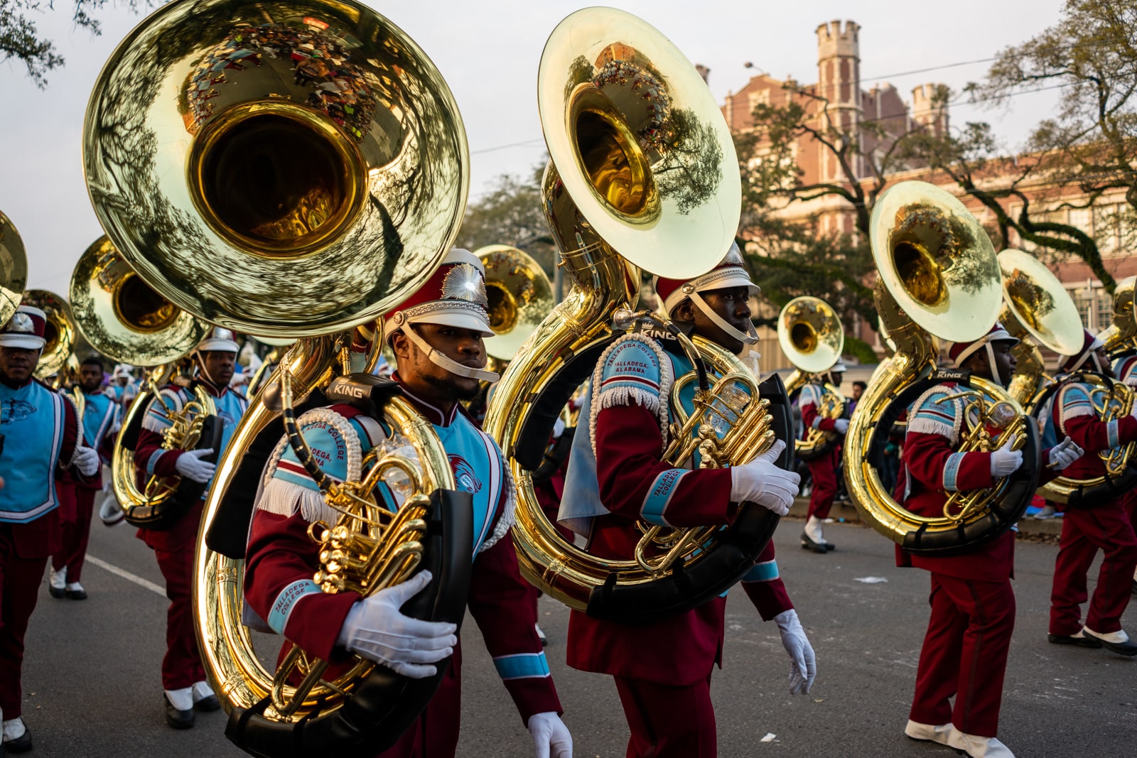 Marching band on the streets of New Orleans during the Endymion parade during Mardi Gras