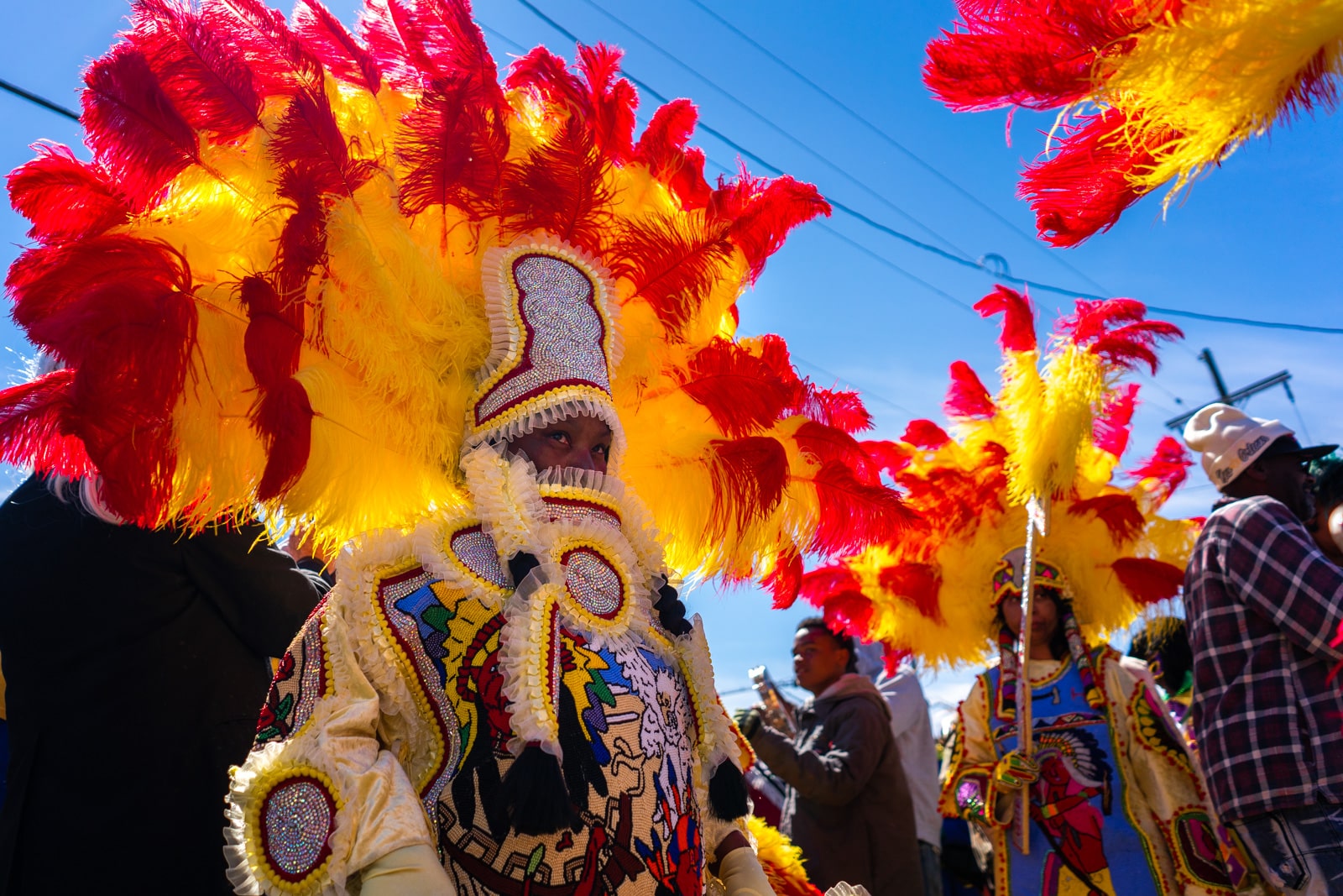 Mardi Gras Indians walking in New Orleans on Mardi Gras day