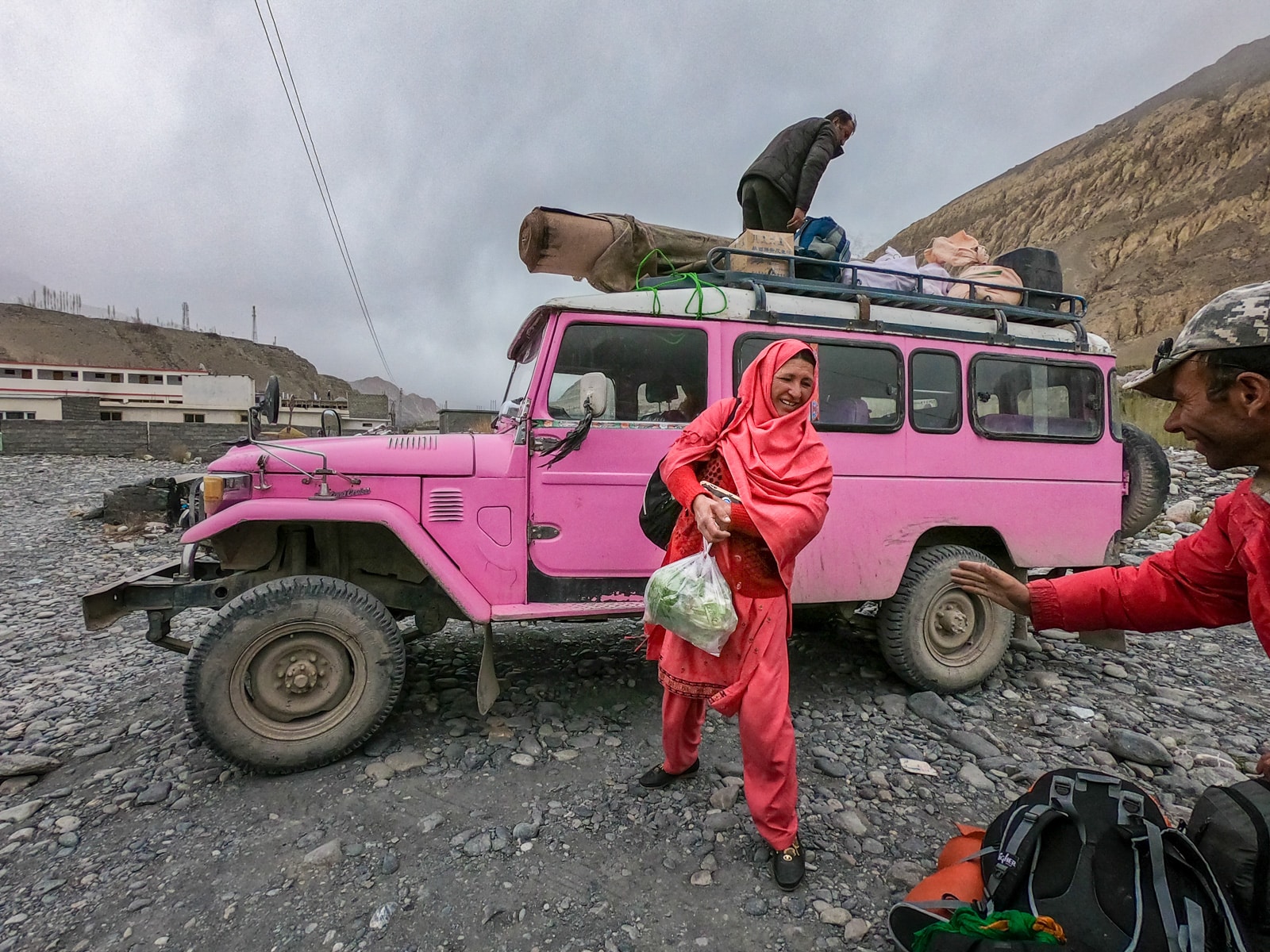 Hot pink public jeep to Chapursan Valley in Gilgit Baltistan, Pakistan