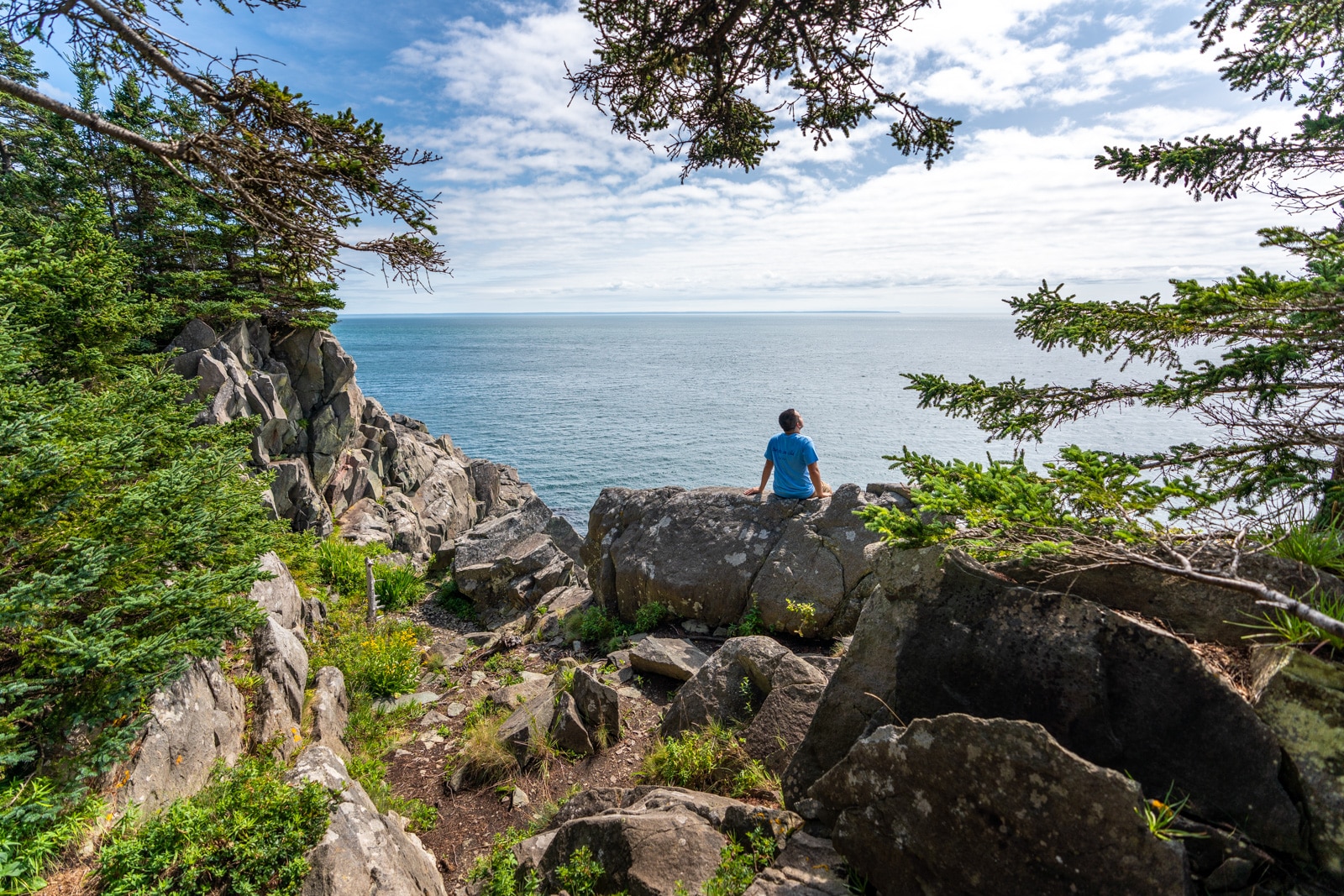 Brother enjoying sun and views at Cutler Public Lands in Lubec, Maine