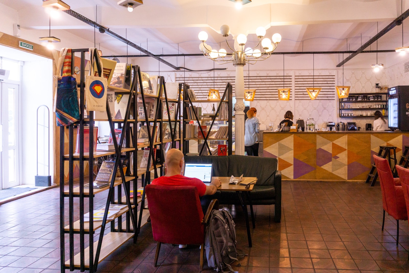 A man working remotely in Kharms cafe in Kyiv, Ukraine