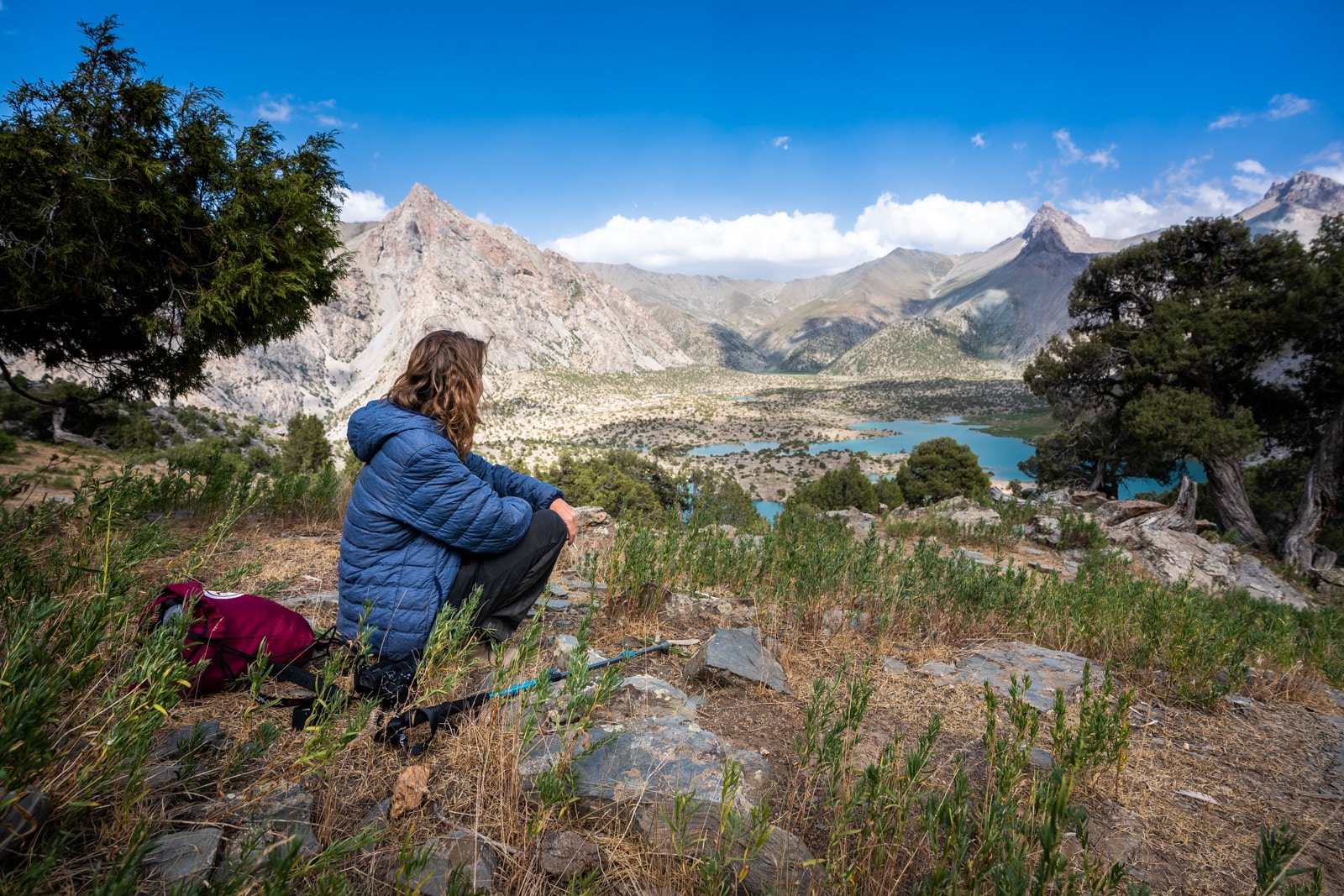Trekker in warm clothes in the Fann Mountains of Tajikistan