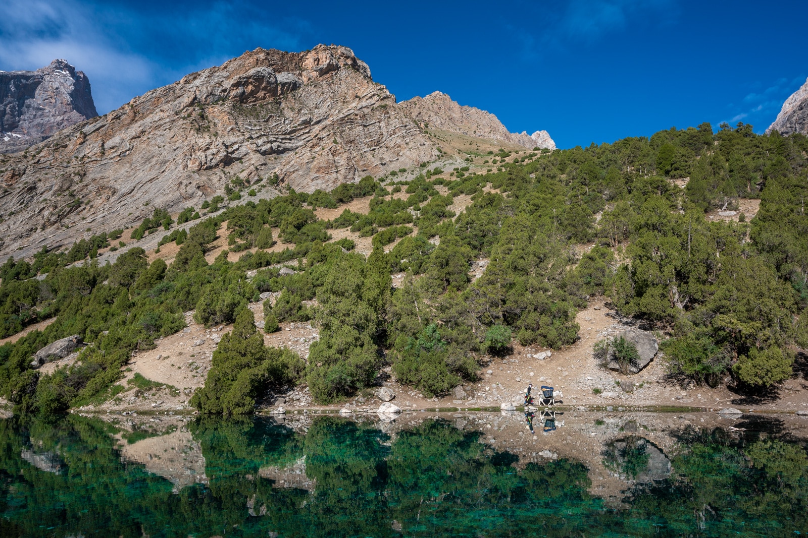 Donkey walking by water of Alauddin Lake in Tajikistan's Fann Mountains