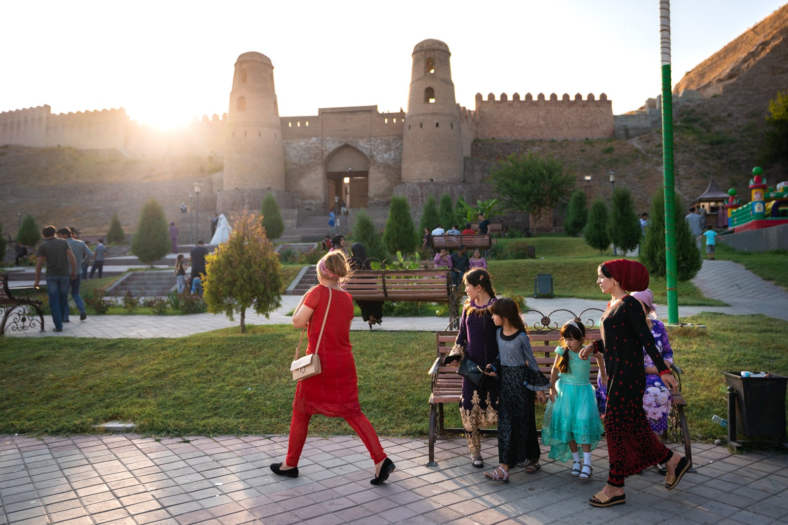 Tajik women outside Hisor Fort in Dushanbe, Tajikistan