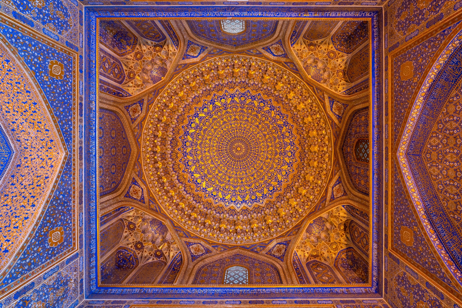 Golden ceiling of the Tilla-Kari Madrassa in the Registan in Samarkand, Uzbekistan