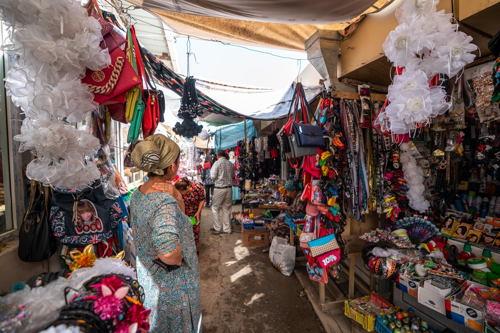 Woman in the women's section of Panjakent Bazaar, Tajikistan