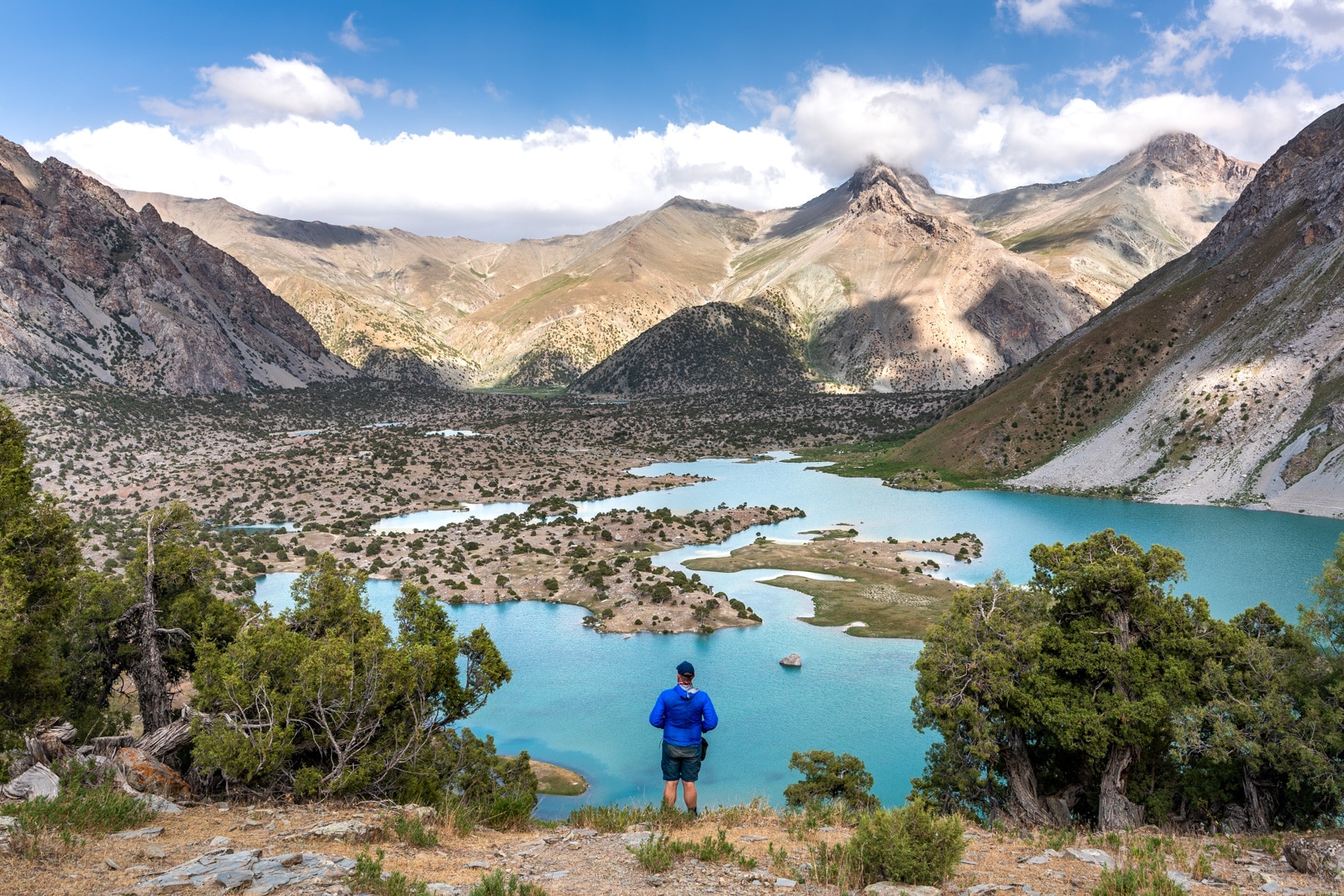 Man standing in front of Kulikalon Lake in Western Tajikistan