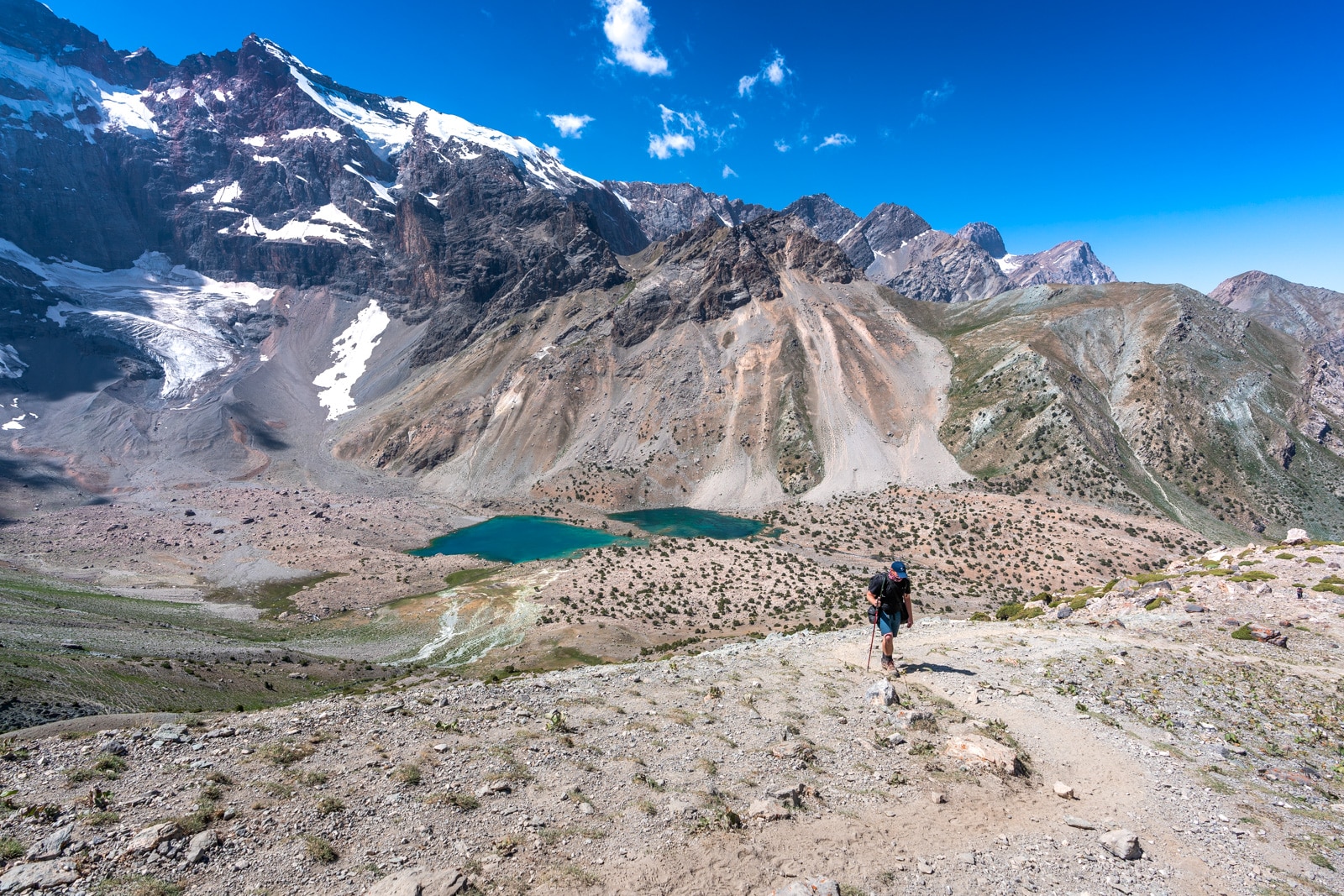 Man trekking through Tajikistan's Fann Mountains