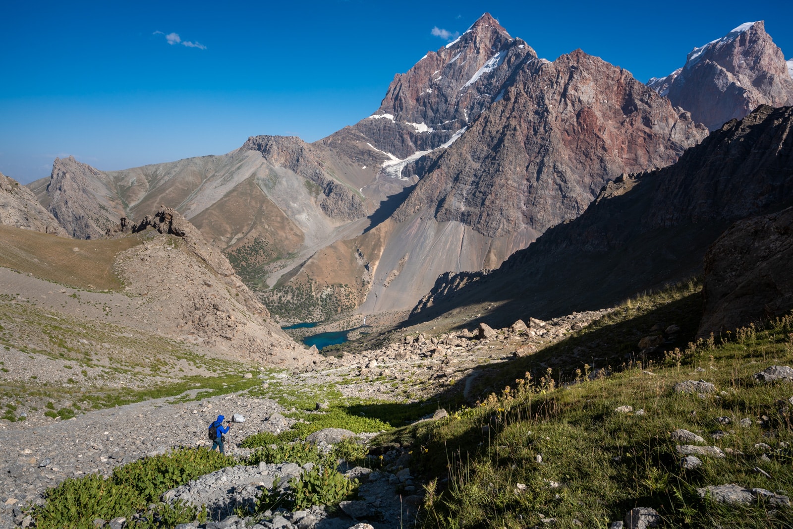 Trekker on the way to Alauddin Lake in Tajikistan's Fann Mountains