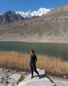Female traveler at Borith Lake in Gilgit-Baltistan, Pakistan