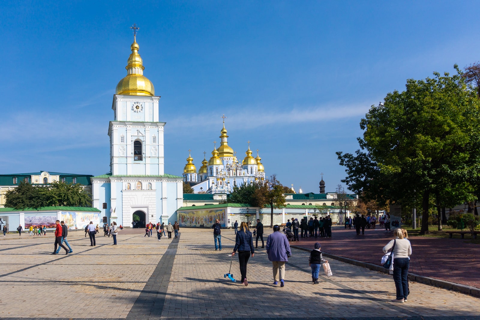 Three day Kiev itinerary: people walking to St Michael's church in Kyiv, Ukraine