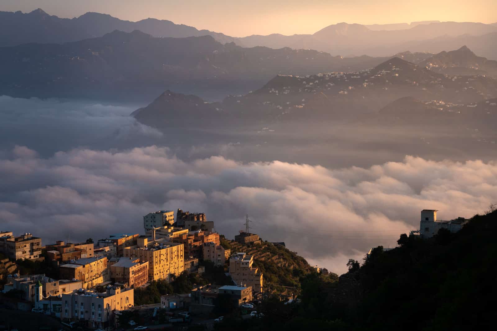 Clouds during sunrise over mountains in Fayfa, Jazan province, Saudi Arabia