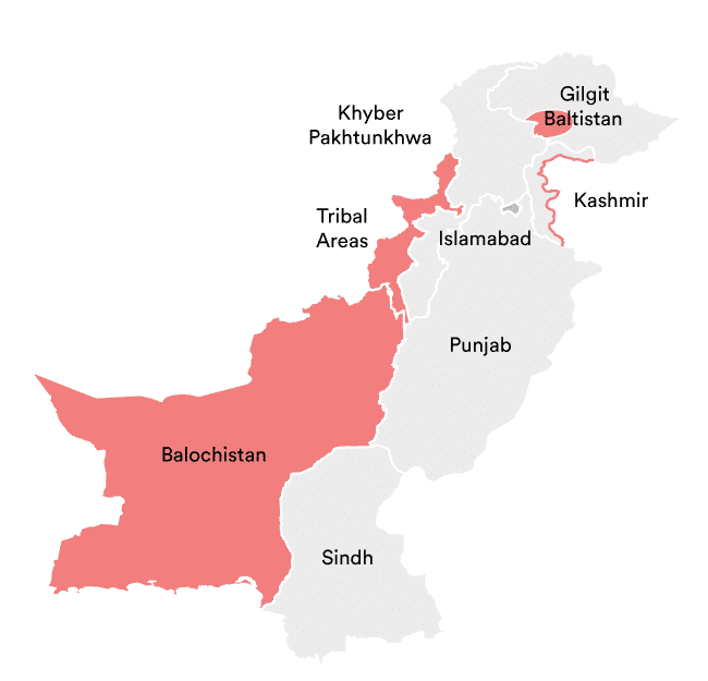 Rough map of dangerous areas for travel in Pakistan