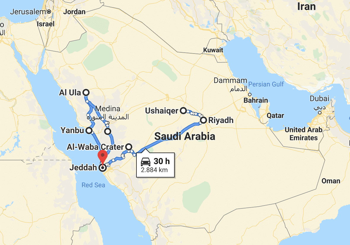 Saudi road trip itinerary from Google Maps