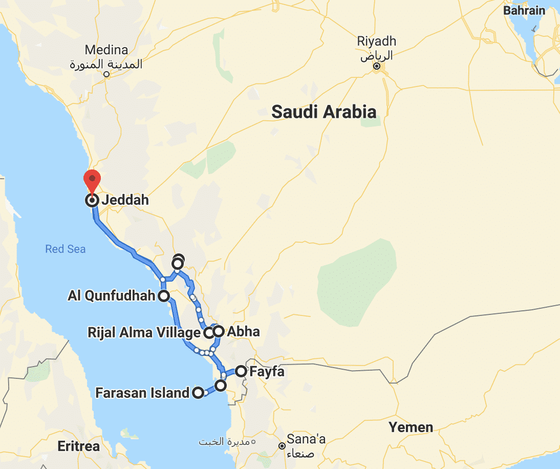 Southwest Saudi Arabia road trip map