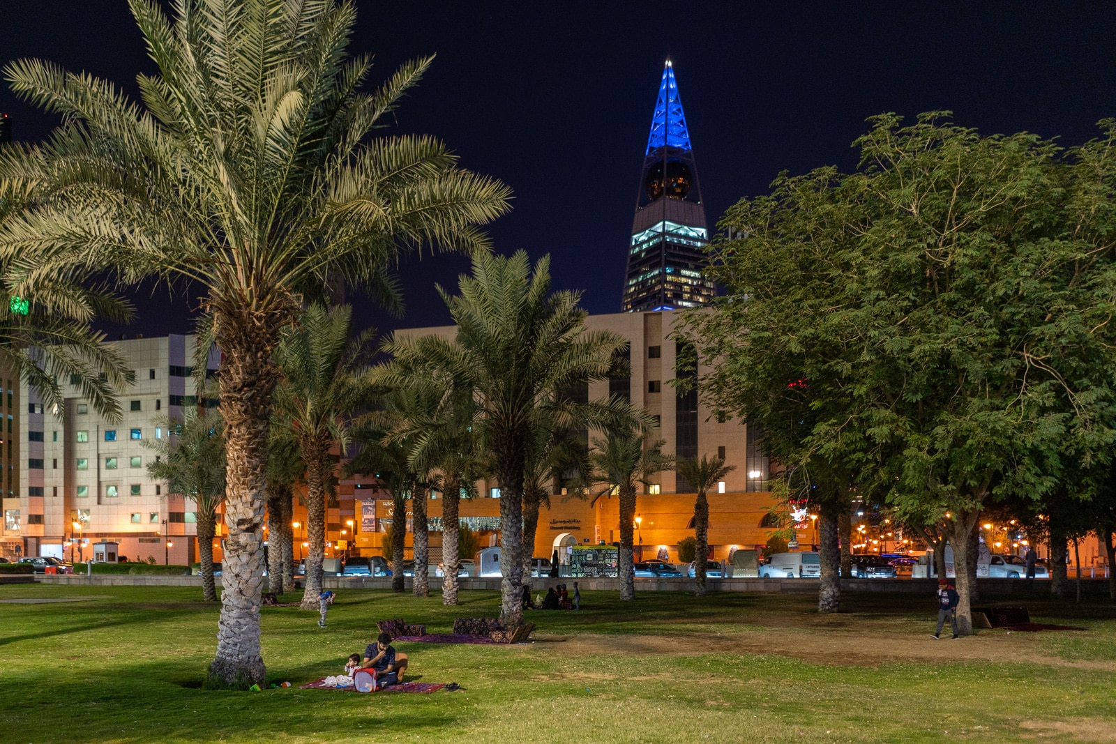 Father and son having a picnic on the lawn of the King Fahad Library in Riyadh, Saudi Arabia