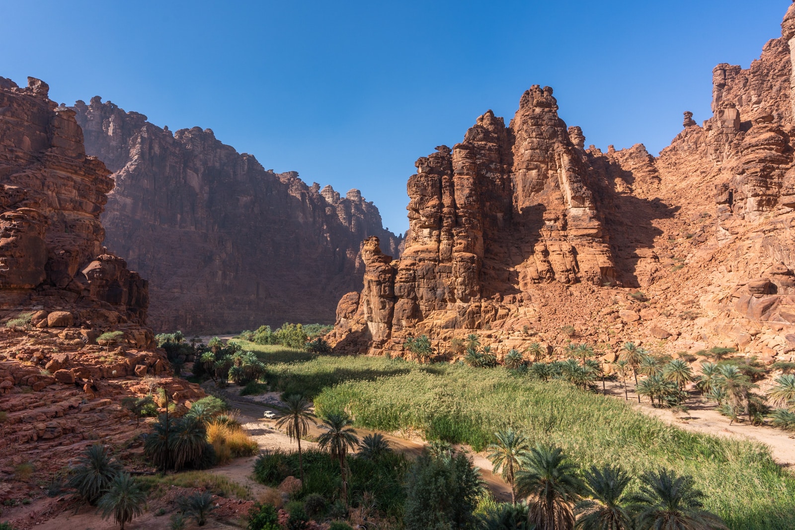 Rock formations and a 4x4 in Wadi Disah, Saudi Arabia