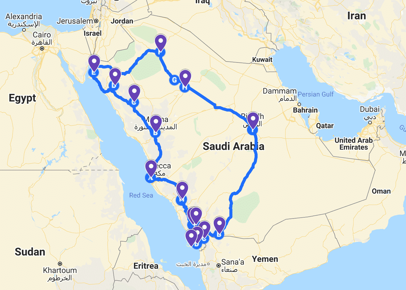 One month Saudi Arabia itinerary map