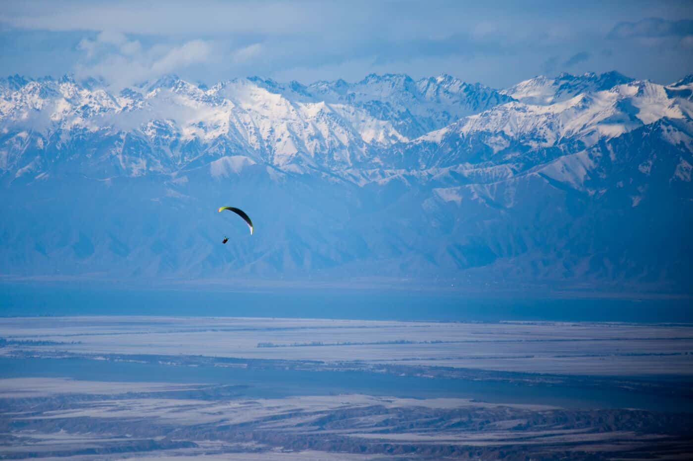 Paragliding in Karakol, Kyrgyzstan in winter
