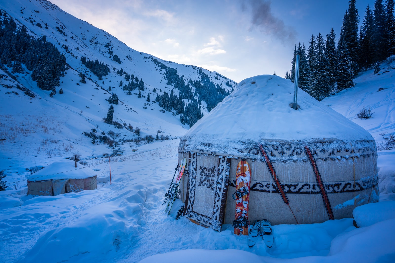 Backcountry ski yurt at sunrise in Boz Uchuk, Kyrgyzstan