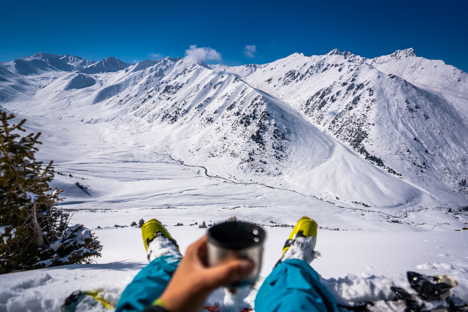 Cup of tea on top of mountain in Boz Uchuk, Kyrgyzstan