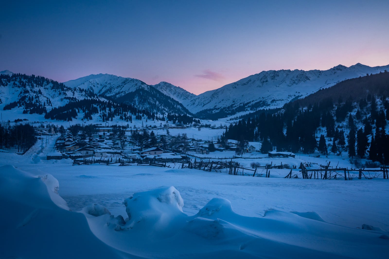 Jyrgalan, Kyrgyzstan at sunset in winter