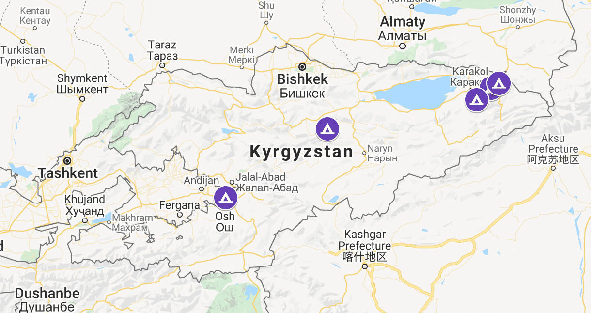 Map of winter yurt camps in Kyrgyzstan