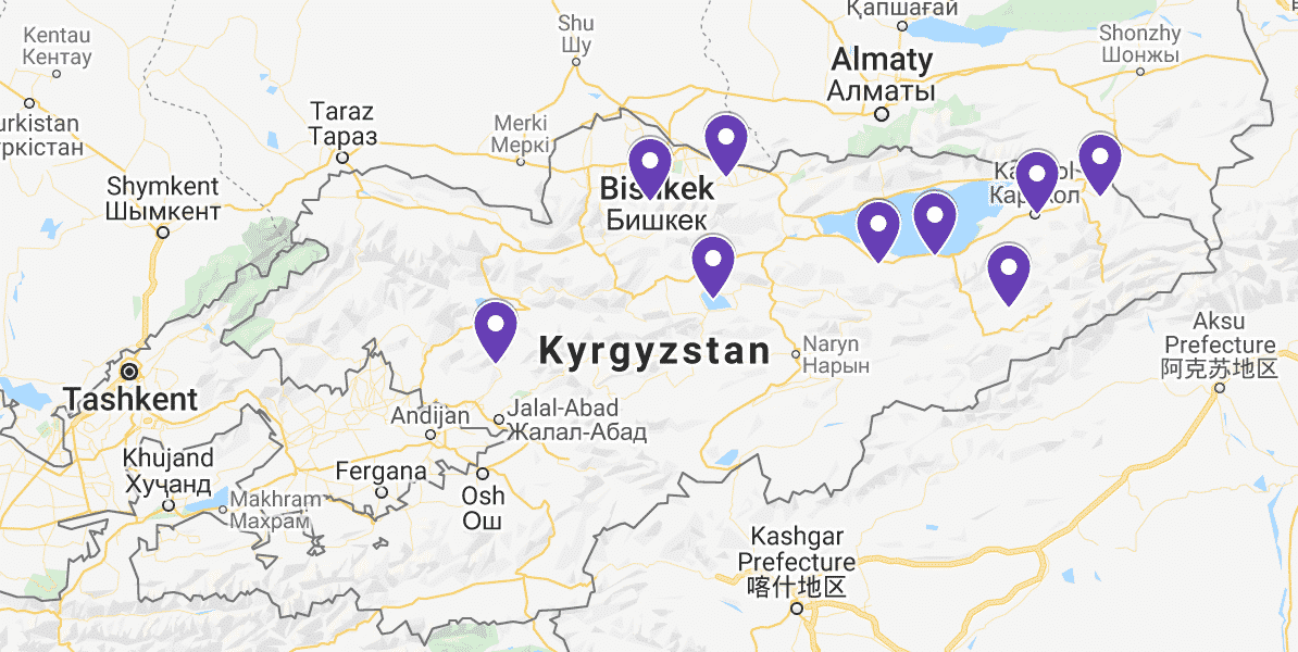 Map of places to visit in Kyrgyzstan in winter
